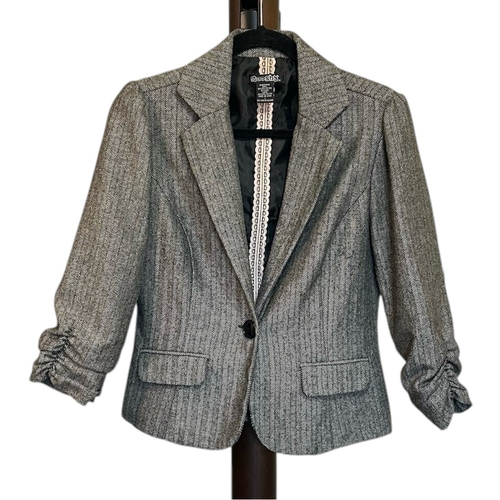 STOOSHY  Herringbone Tweed Dress Jacket, Size Junior L